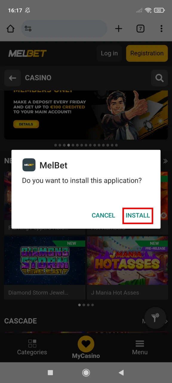 Install the Melbet app for Android.