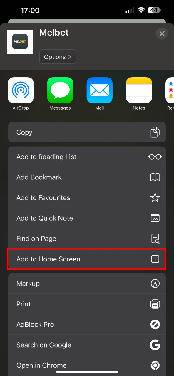 Add the Melbet app to your iOS device's home screen.