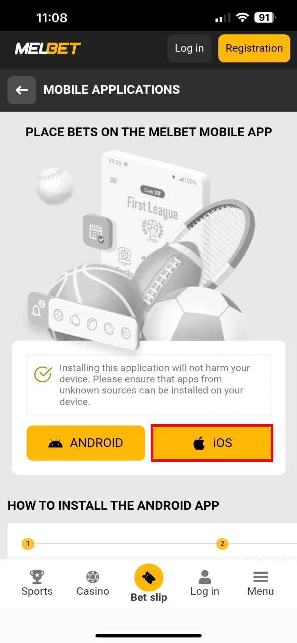 Open the Melbet iOS app download page.