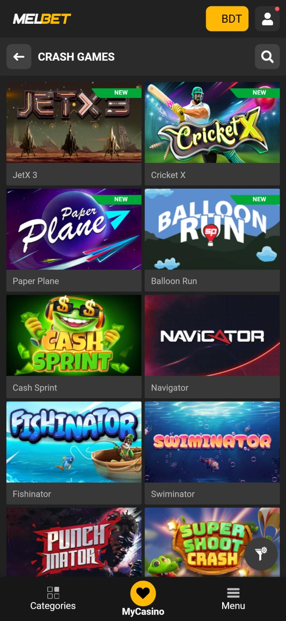 Open the cash games section on Melbet.