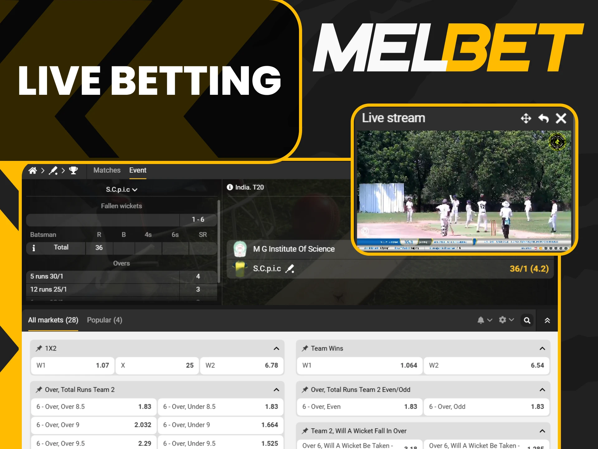 Watch live cricket action at Melbet.