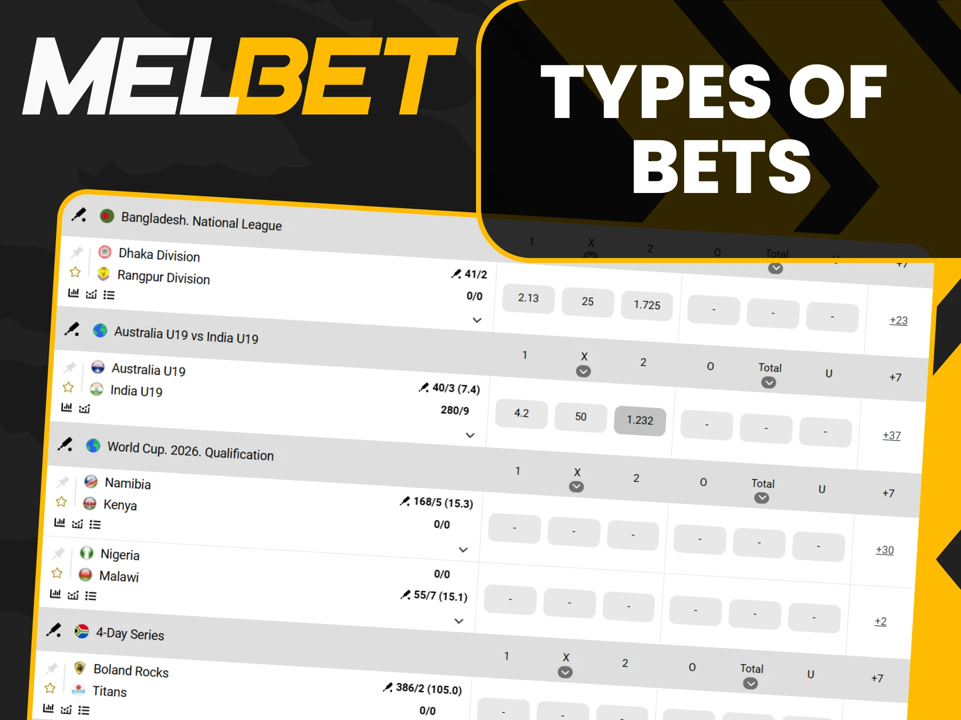 Melbet offers a wide range of cricket betting options.