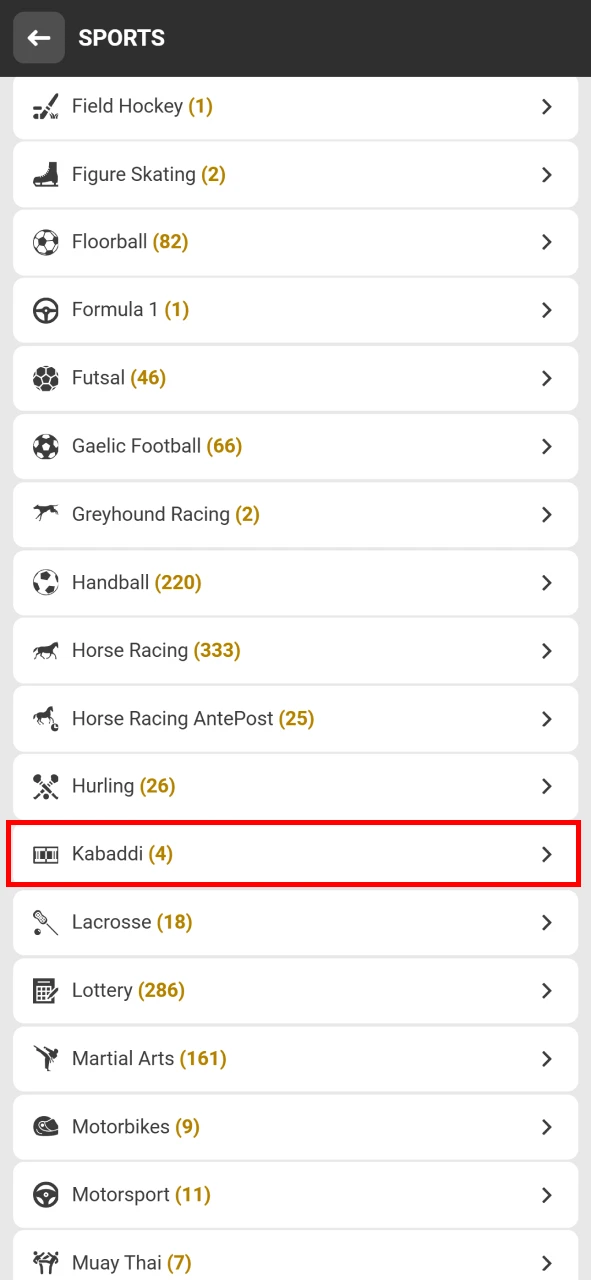 Select kabaddi in the Melbet sports section.