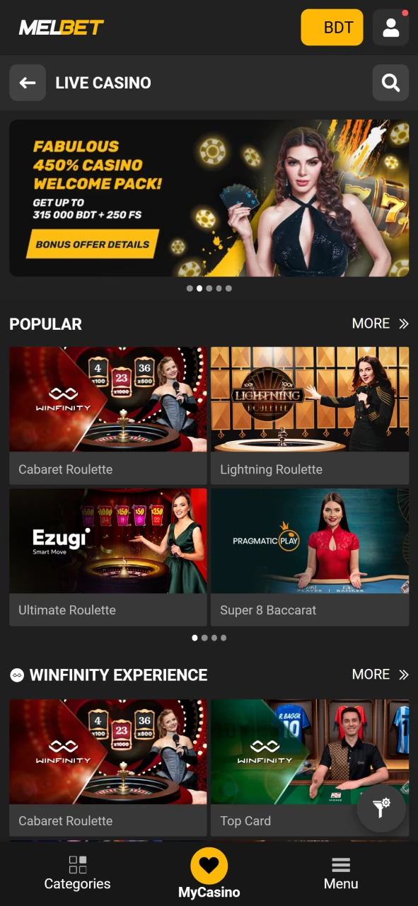 Open the live casino section on Melbet.