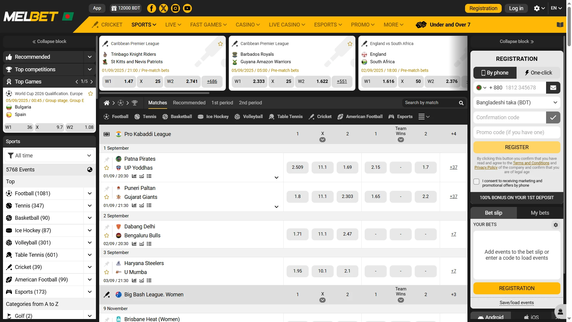 Melbet has a sports section for betting.