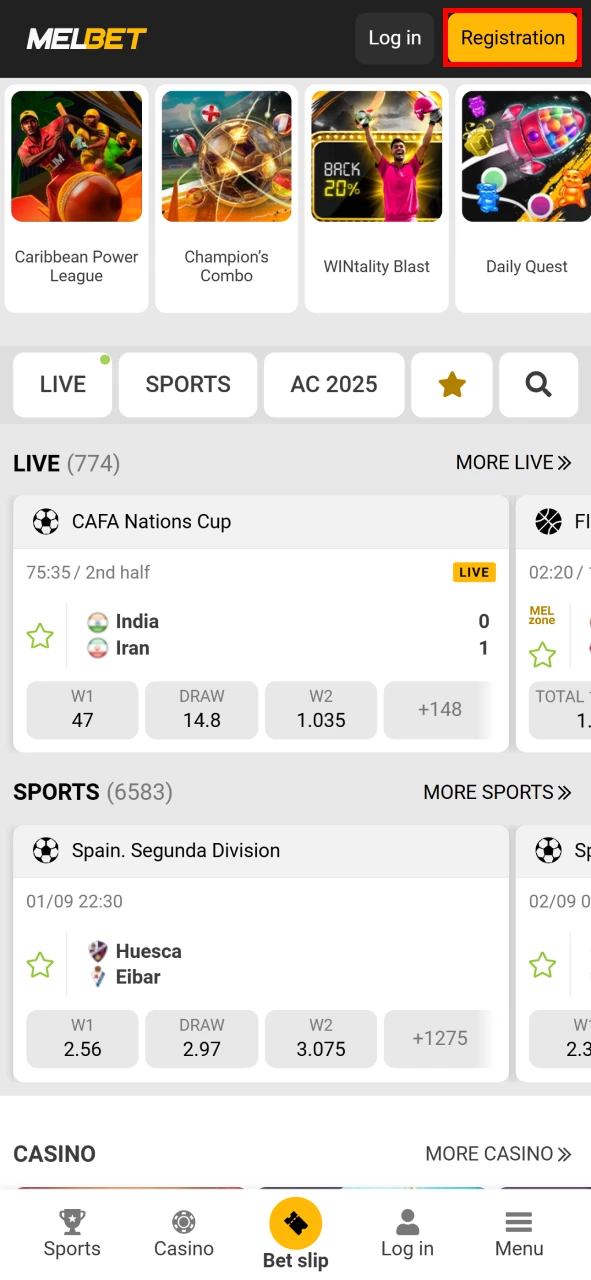 Open the registration window by clicking the button on Melbet.