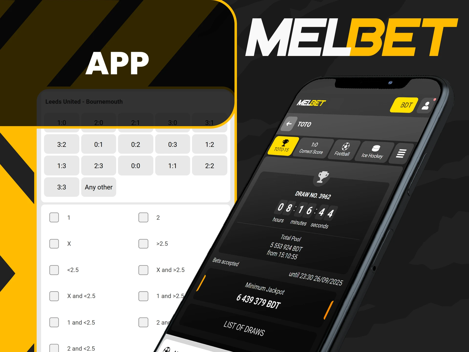Use the Melbet TOTO betting app on your smartphone.