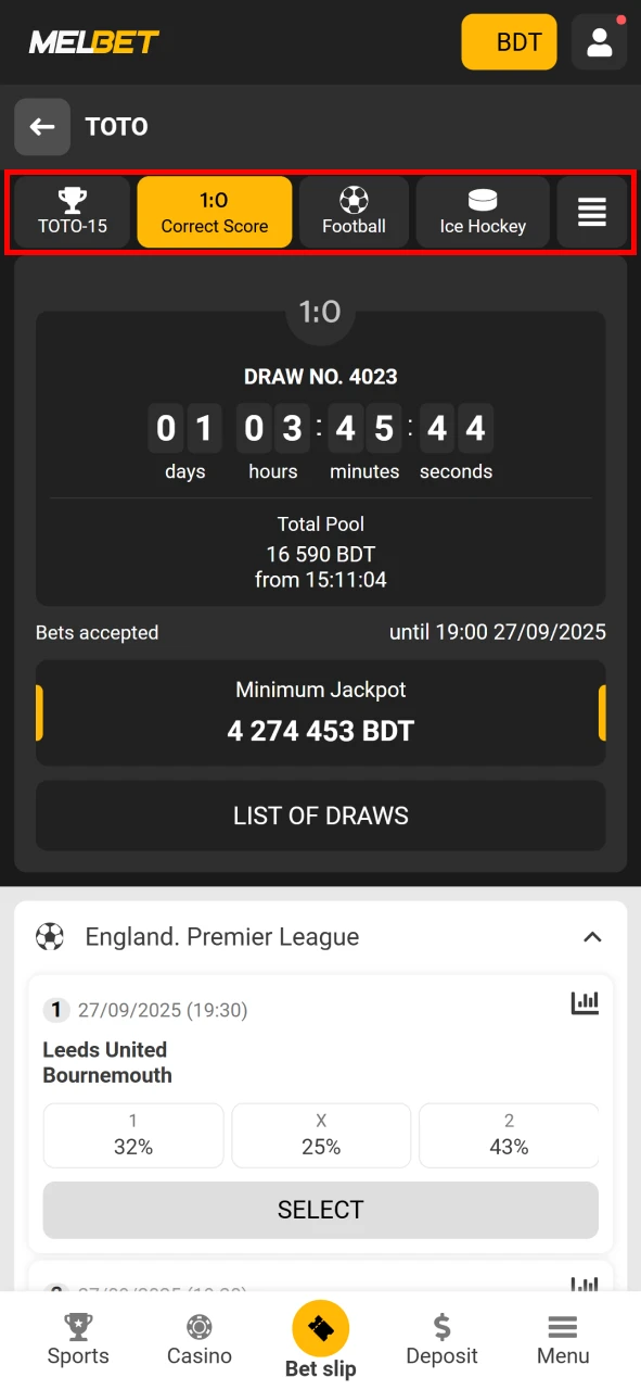 Select TOTO betting events from Melbet.