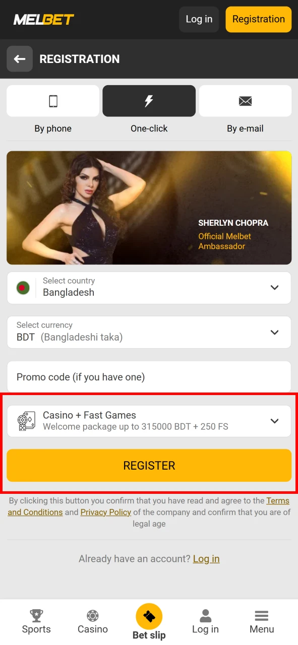 Select a bonus and complete registration on Melbet.
